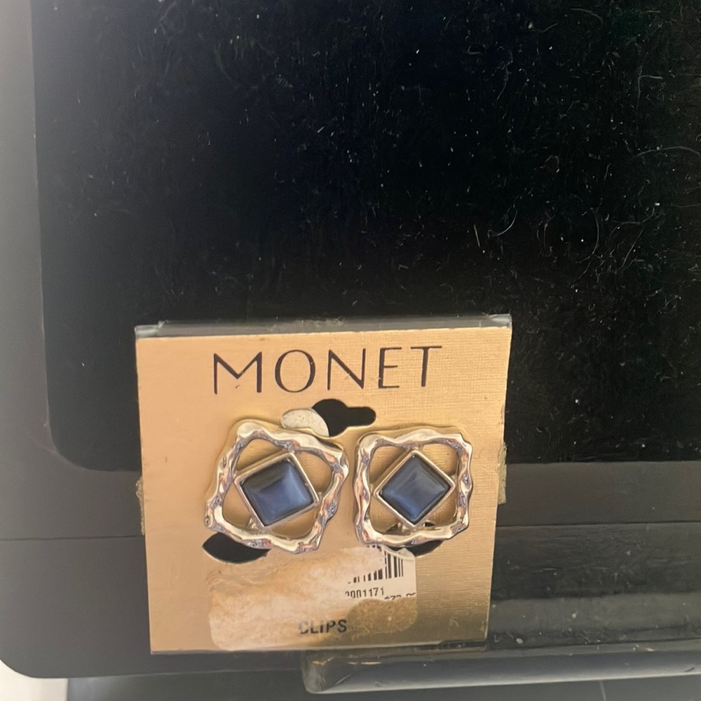 Monet Gold and Blue Clip Earrings